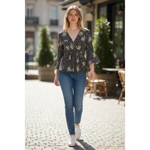 Fab’rik floral print peplum blouse with 3/4 ruffle sleeves